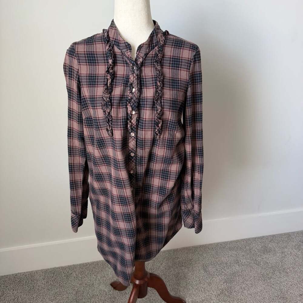 Hinge Plaid Shirt Size M Brown Ruffled Tuxedo Tunic Top